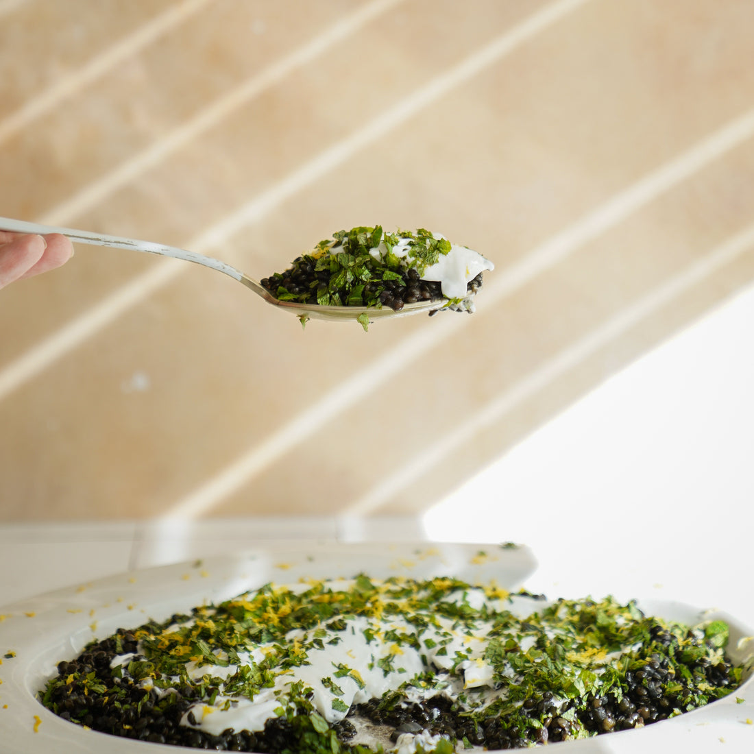 Beluga Lentil Salad with Mint + Yogurt Dip