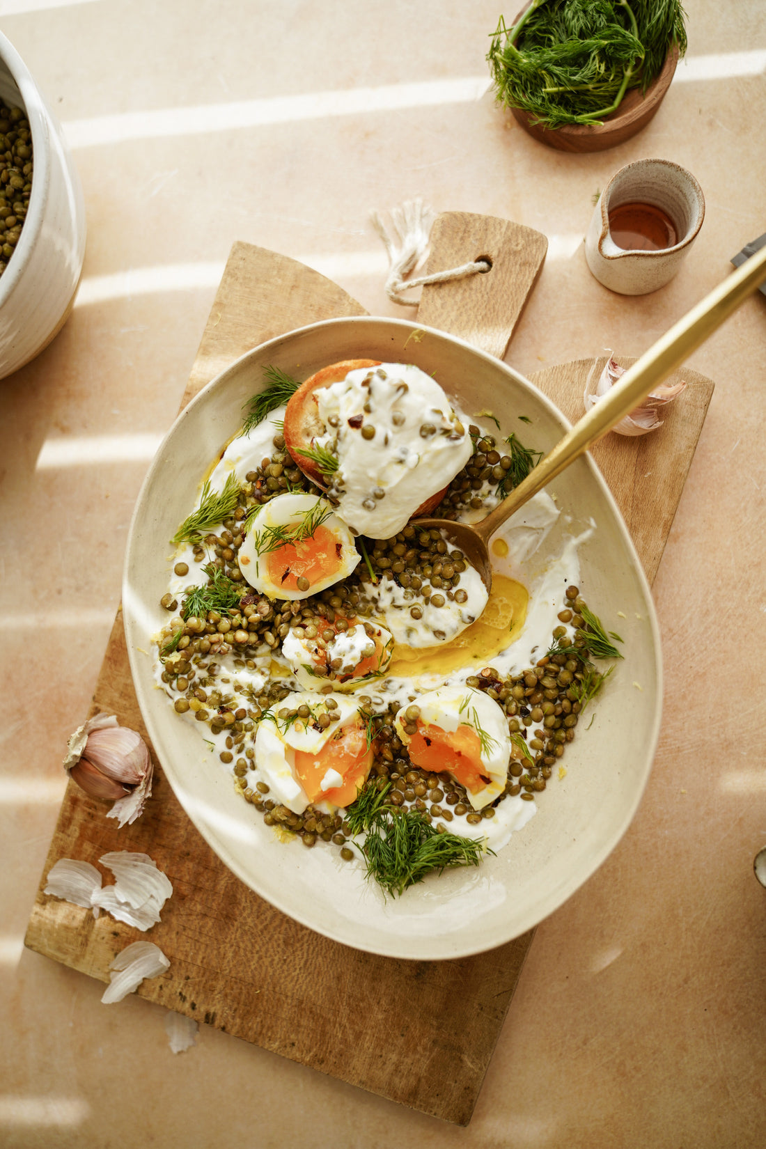 Turkish Eggs Breakfast with Lentils + Crispy Toast